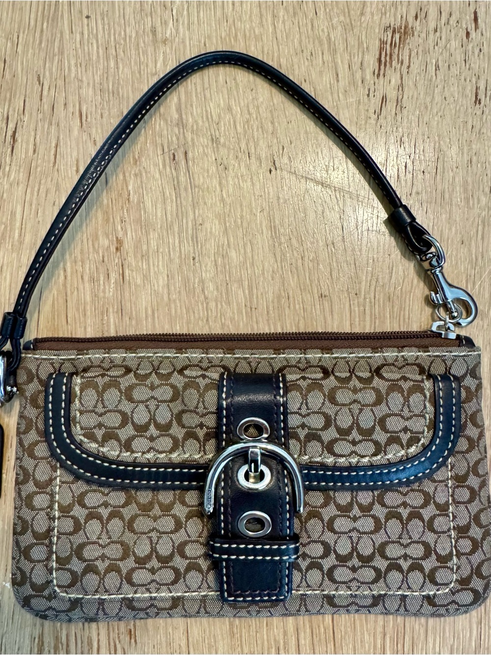 Coach Brown Signature-Print Wristlet with Buckle Accent